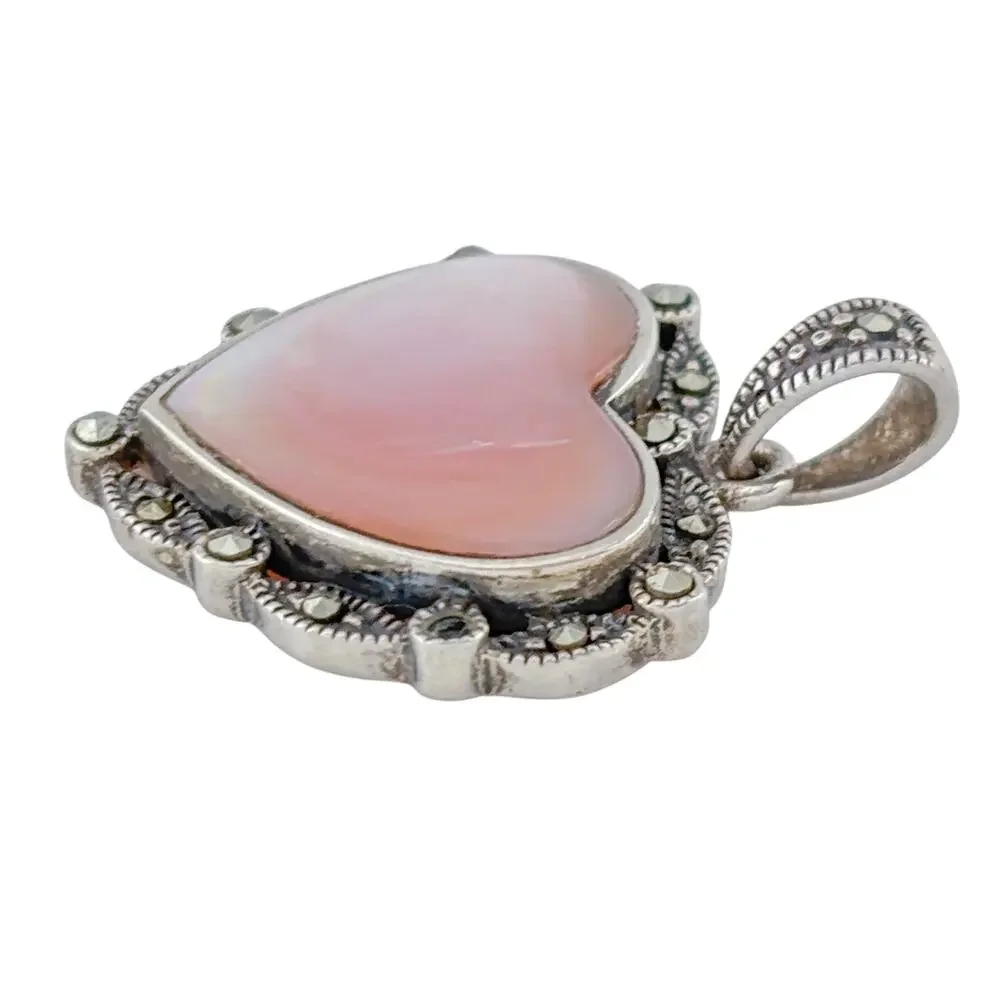 Vintage Sterling Silver 925 Mother of Pearl Marcasite Heart Pendant